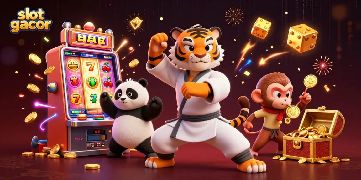 Experience the thrill of slot gacor with a fun 3D illustration showcasing vibrant casino elements and characters.
