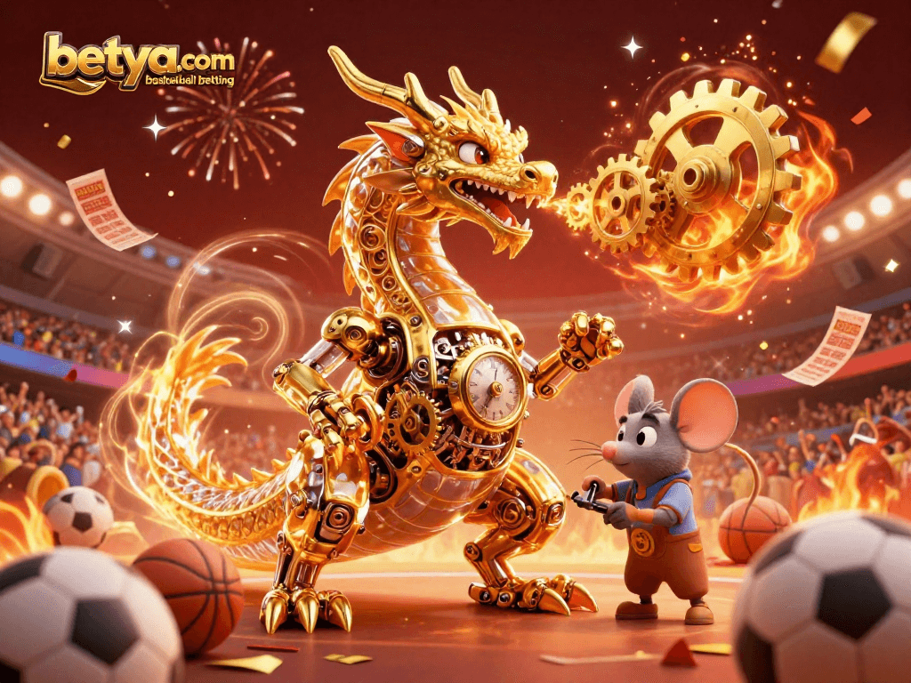 Experience thrilling betya.com basketball betting with a dynamic 3D scene featuring a golden dragon and sports elements.