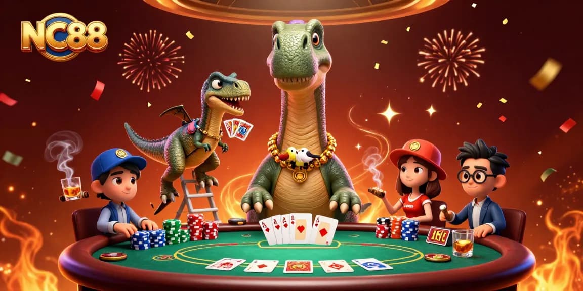 NC88 showcases a lively scene with a dinosaur dealing cards, creating excitement for poker enthusiasts.