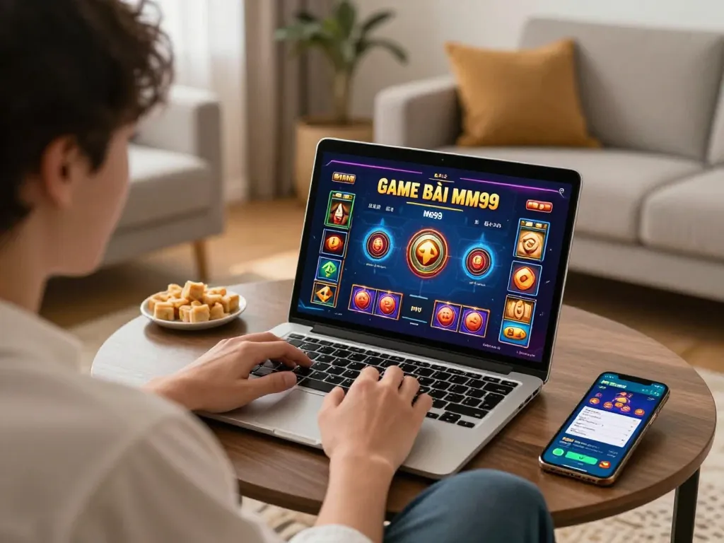Experience exciting GAME BÀI MM99 while playing online in a cozy, stylish living room setting.