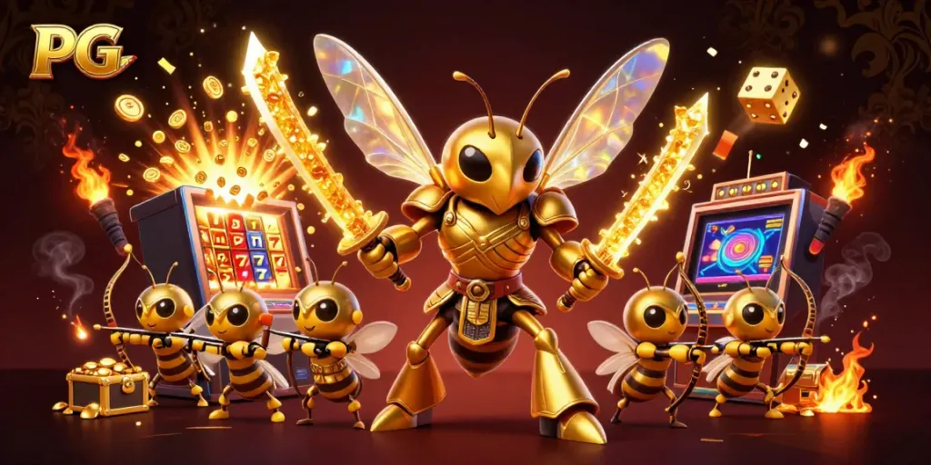 Experience the thrill of PG สล็อต with samurai hornet characters, jackpot winnings, and vibrant casino elements.