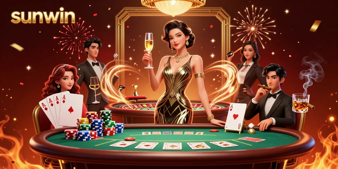 Experience thrilling gameplay at sunwin with an elegant Asian woman in a glamorous setting, enjoying a poker game with vibrant casino elements.