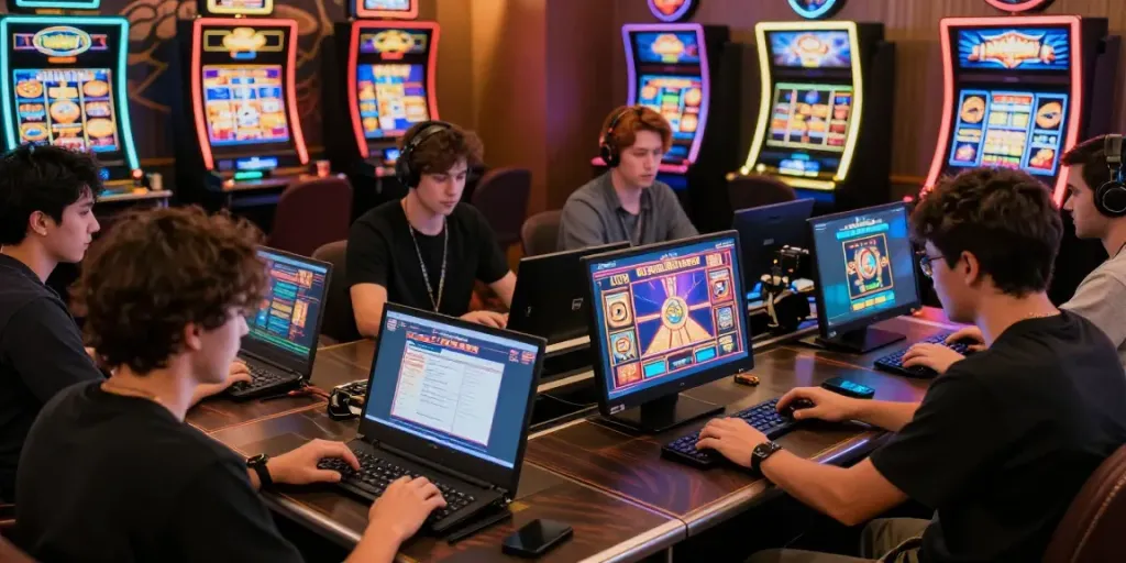 Engaged players enjoying slot games on QQMacan platform in a dynamic online casino setting.