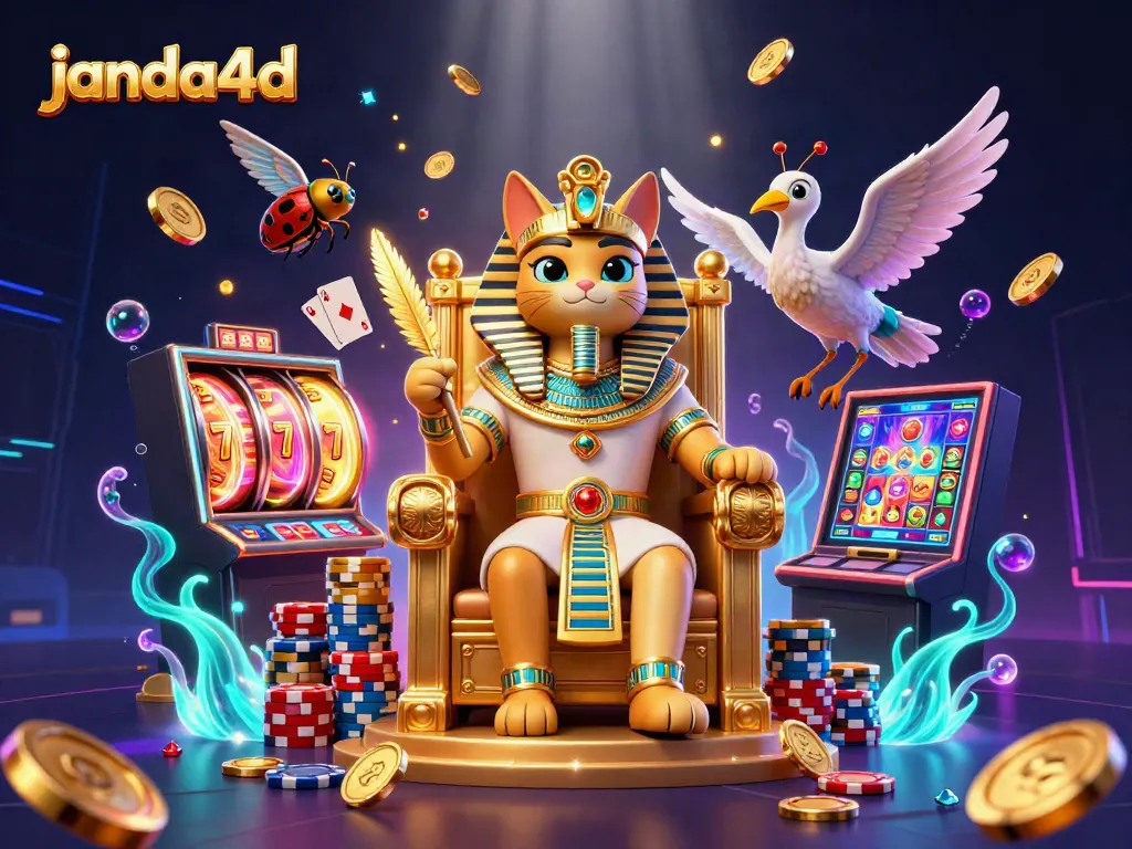 Permainan slot janda4d dengan karakter kucing firaun, tumpukan chip poker yang menarik, dan efek cahaya yang menakjubkan.