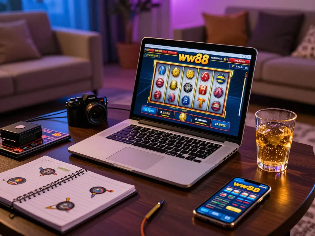 Engage with thrilling slots at ww88 online casino in a luxurious home setup with vibrant lighting.