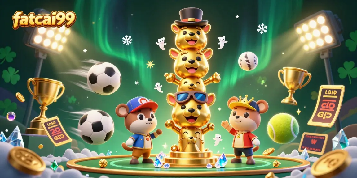 Experience the action with Fatcai99, a dynamic gaming scene featuring a totem pole and sports balls.