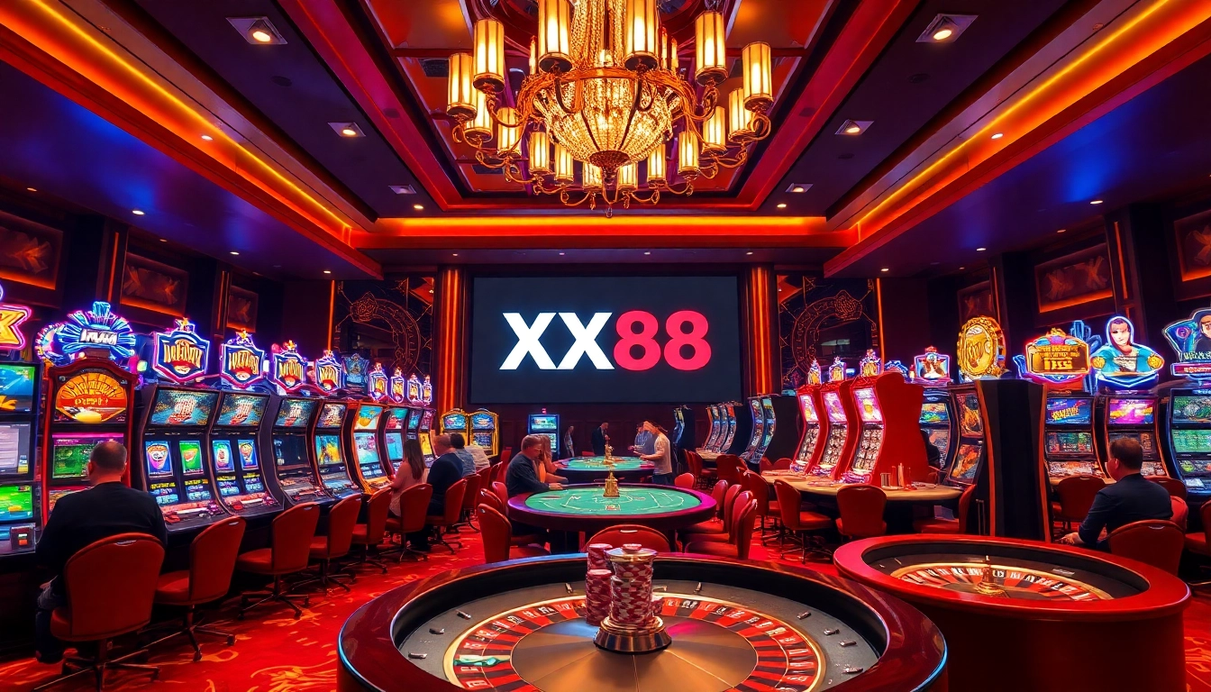 Experience the excitement of gaming with XX88 at a luxury casino, featuring vibrant tables and slots.