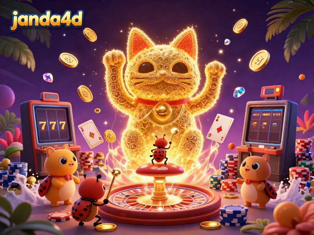 Mainkan slot berhadiah di janda4d dengan karakter cat keberuntungan yang ikonik dan pemandangan kasino megah.