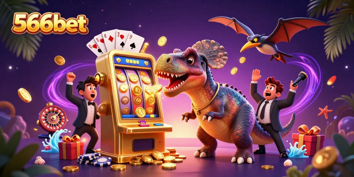 Watch 566bet characters interact as a pachycephalosaurus jackpots coins from a golden slot machine.