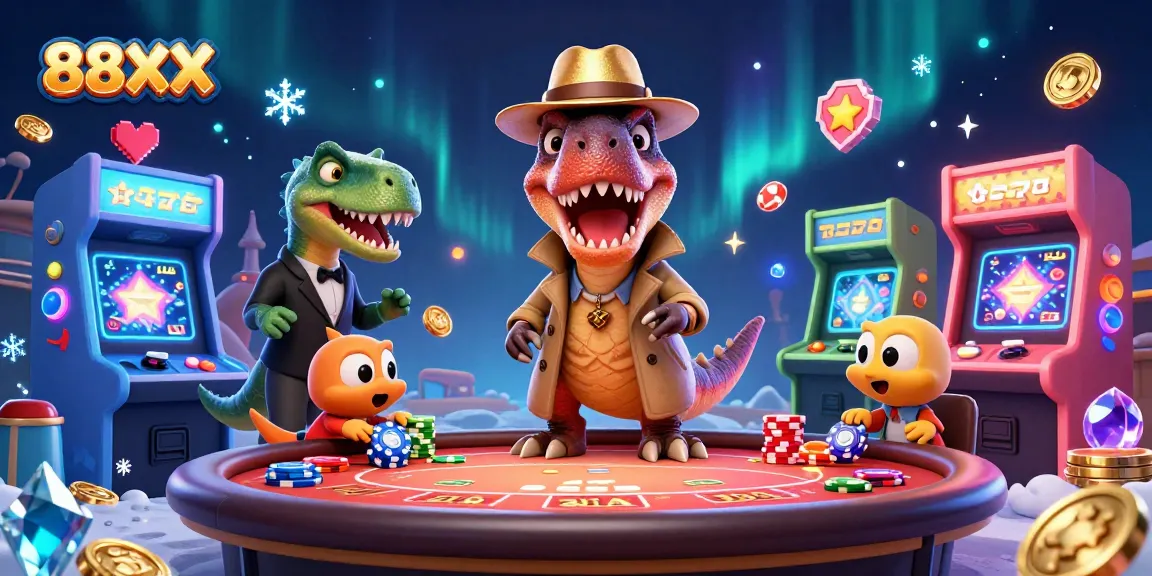 Play at 88XX with a velociraptor card counter at a vibrant blackjack table, surrounded by casino excitement.