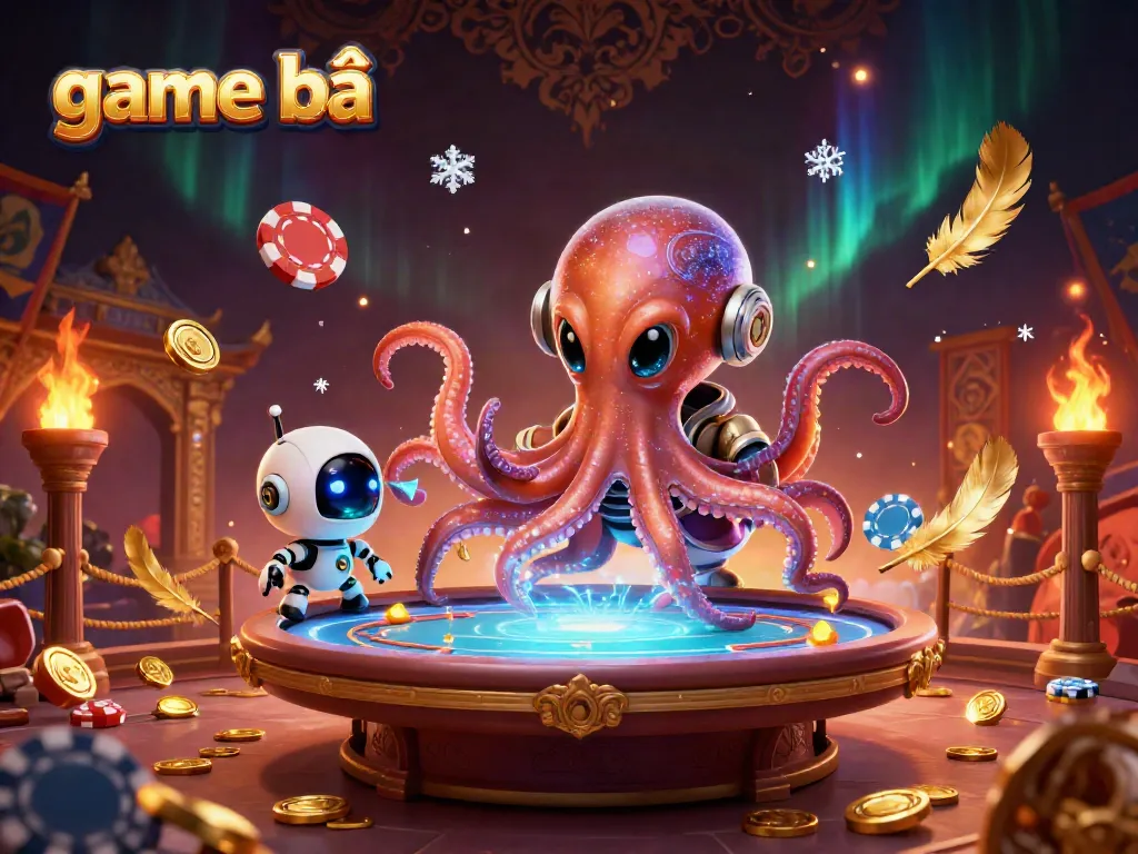 Enhance your game bài experience with an alien octopus operating a holographic poker table in a dynamic cosmic scene.