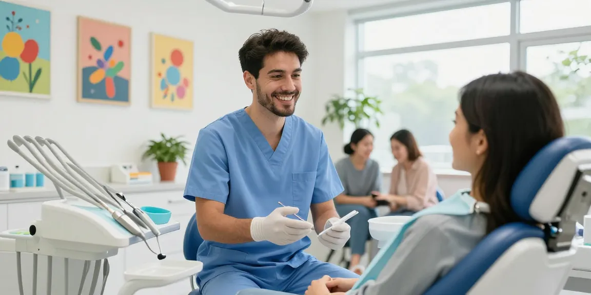 View it now for a welcoming dental clinic experience with a friendly dentist and relaxed patient.