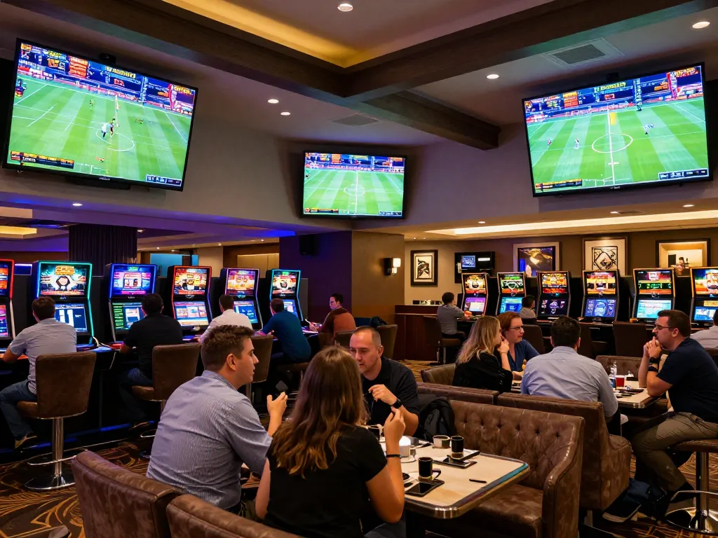 Betting on god55 sports in a vibrant lounge, people enjoying live sports events and analyzing stats.