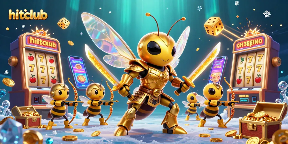 A dynamic hitclub scene featuring a golden hornet in samurai armor, slot machines, and golden coins.
