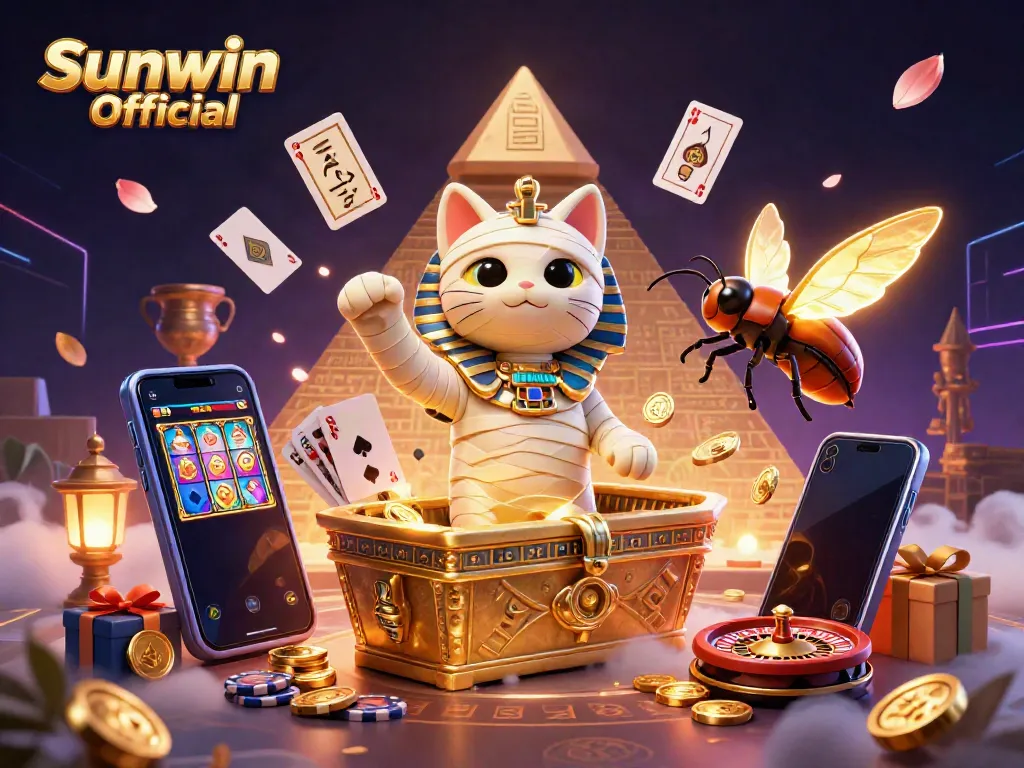 Experience the thrilling action with Sunwin Official as the mummy cat bursts into a vibrant casino scene filled with games.