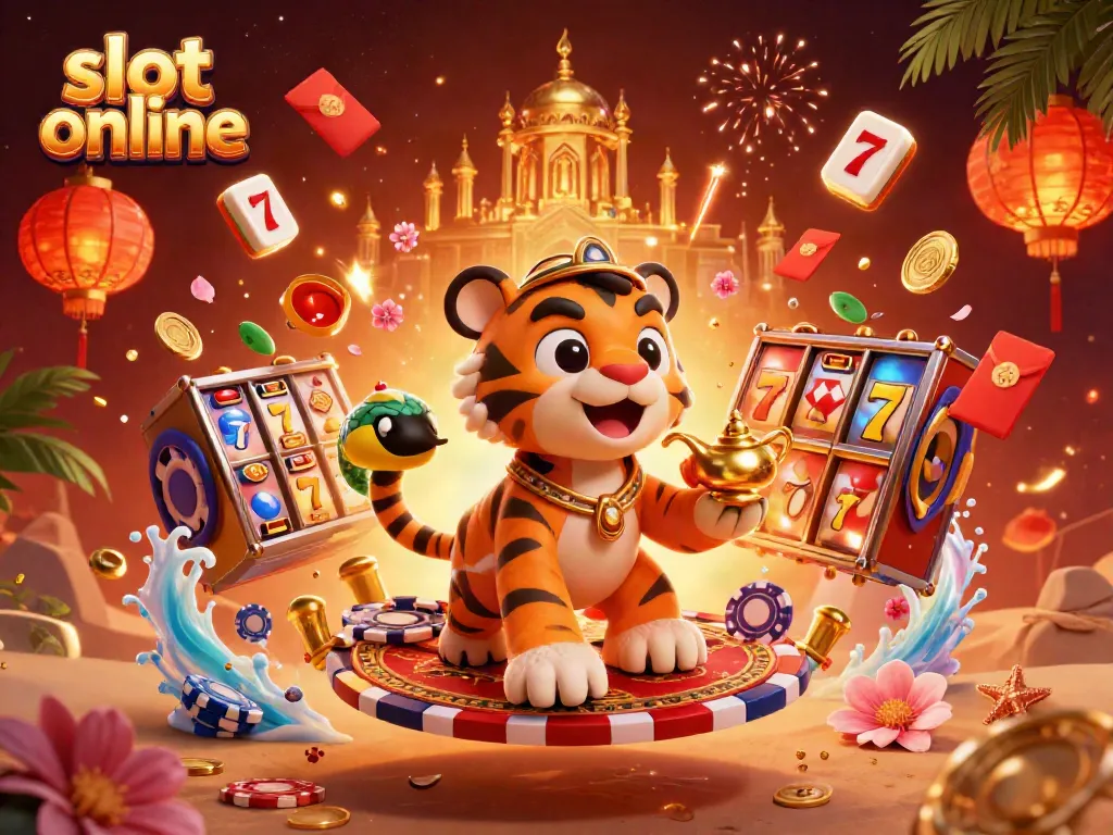Experience the excitement of slot online with a vibrant 3D tiger sultan illustration surrounded by casino symbols.
