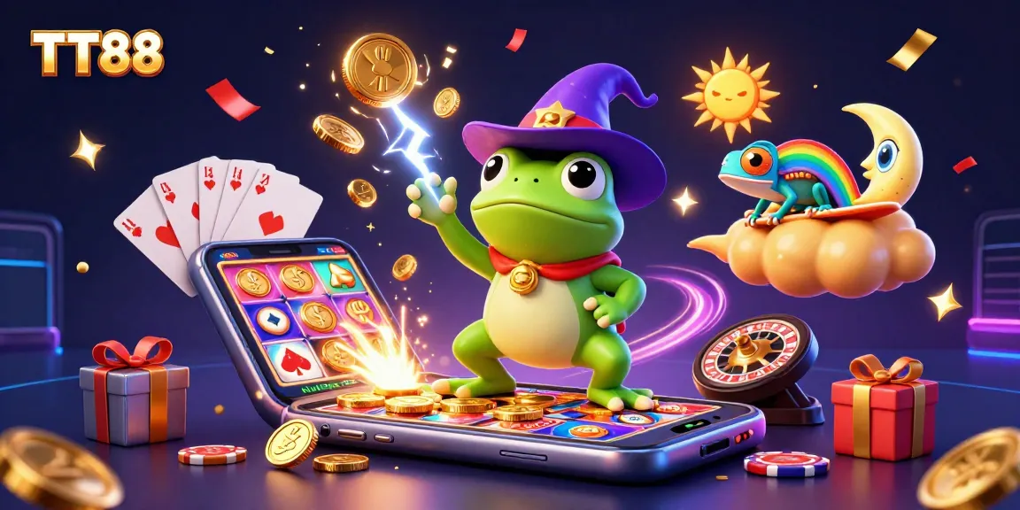Engage in thrilling gaming at TT88 as a wizard frog conjures golden coins amidst vibrant casino elements.