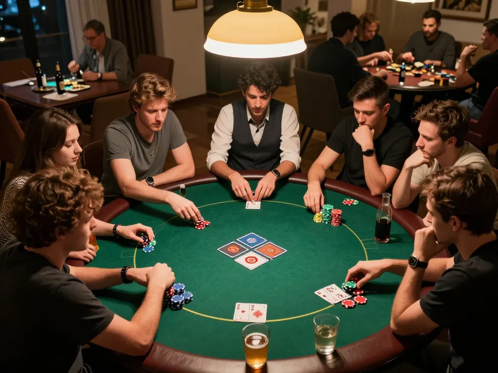 Engaged players strategizing during a home poker night, showcasing go8 gaming fun.