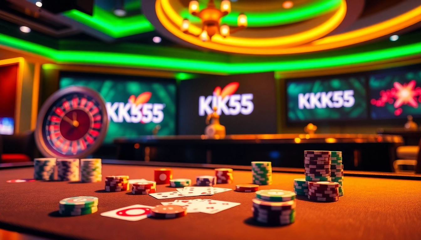 Engage in thrilling gameplay at KK55's vibrant casino tables, showcasing cards, dice, and poker chips.