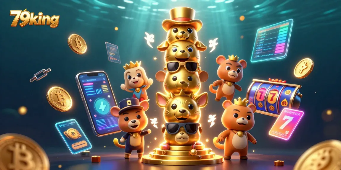 Engage with 79king's vibrant casino universe featuring dynamic slot machine elements and crypto icons.