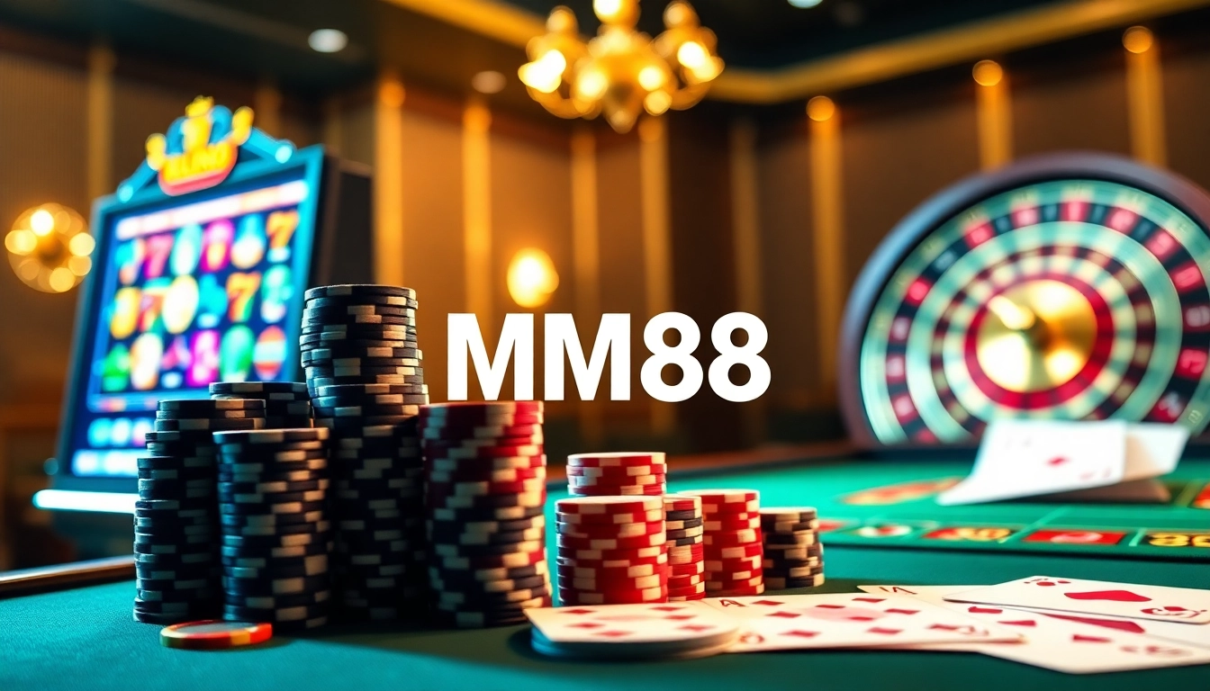 Experience thrilling gambling at https://mm88.vegas/ with vibrant slots, poker chips, and a roulette wheel.