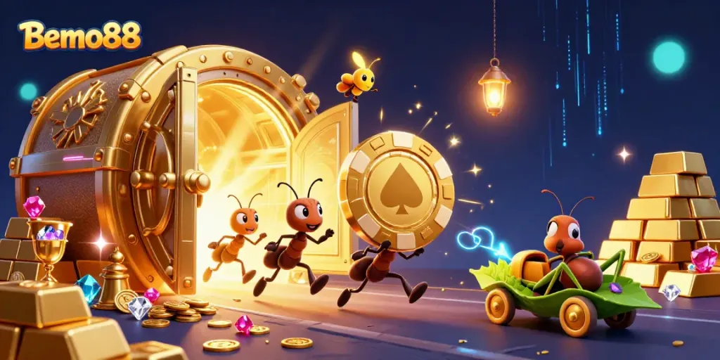 Experience the thrill of Bemo88 with ants heisting a giant poker chip in a vibrant casino-themed scene.