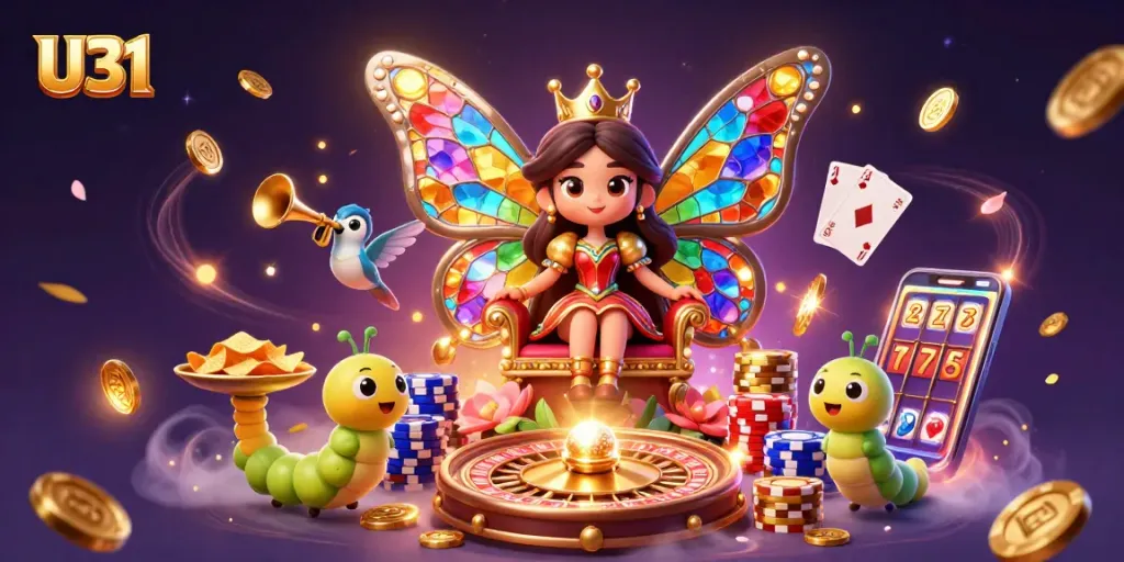 Join the excitement at U31 with vibrant casino elements and a butterfly queen in a captivating 3D scene.