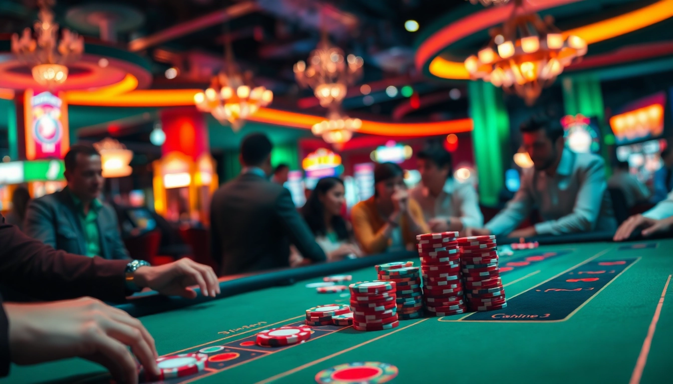 Engaging players at a vibrant table in a singapore online casino atmosphere with colorful chips and cards.