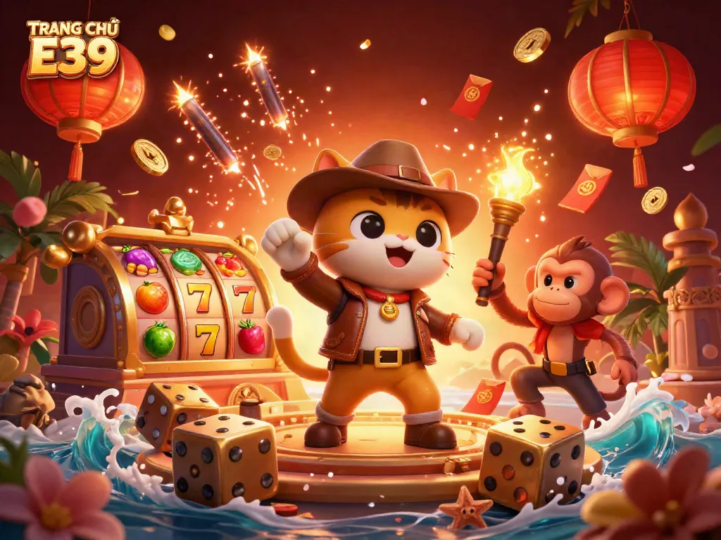 Engage with the thrill at TRANG CHỦ E39 as an explorer cat and monkey discover a golden casino artifact.