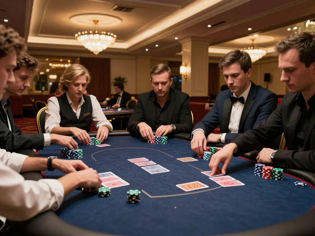 iWin players engaging in a high-stakes poker game, showcasing tension and strategy in a luxury casino atmosphere