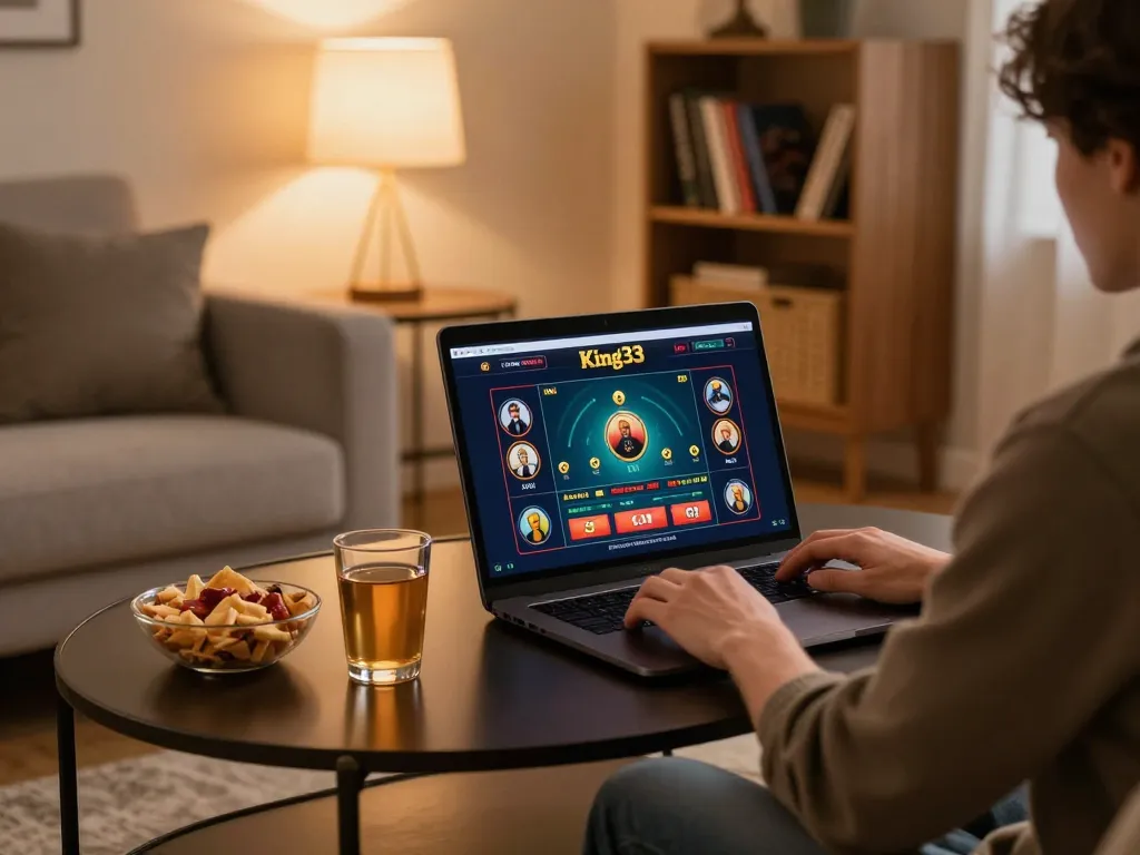Engaged player enjoying king33 online casino gaming session at home with laptop and strategy notes.