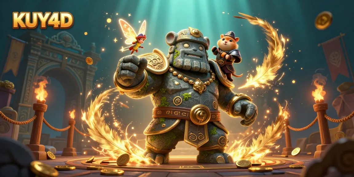 Pemandangan ilustrasi 3D di KUY4D dengan golem kuno dan peri dalam suasana kasino yang ramai.