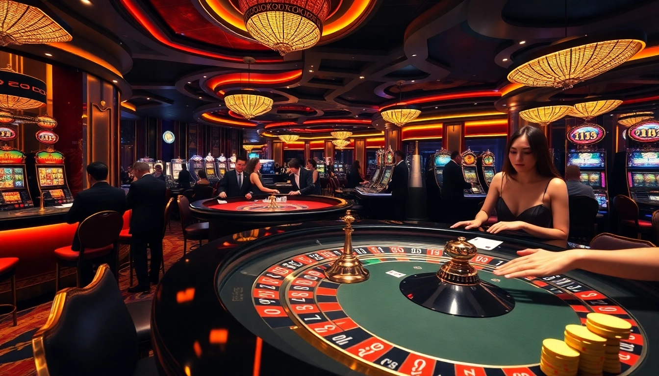 Excited players enjoy a vibrant gambling experience at bk8thai casino tables with roulette and poker chips.