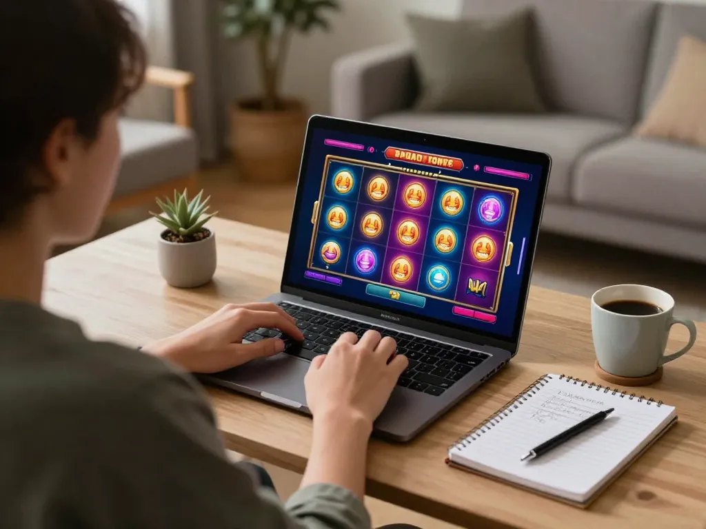 Playing exciting slot online game at home with colorful visuals and strategic planning elements