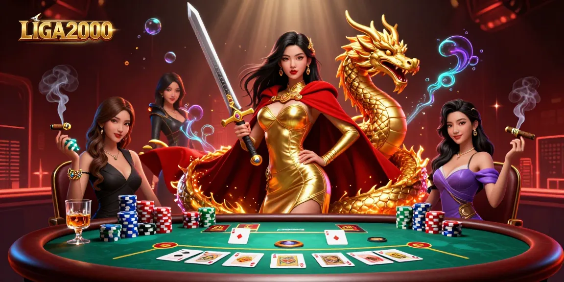 Permainan LIGA2000 menampilkan ratu pejuang yang mengagumkan di tengah elemen poker dinamis dan suasana kasino yang meriah.