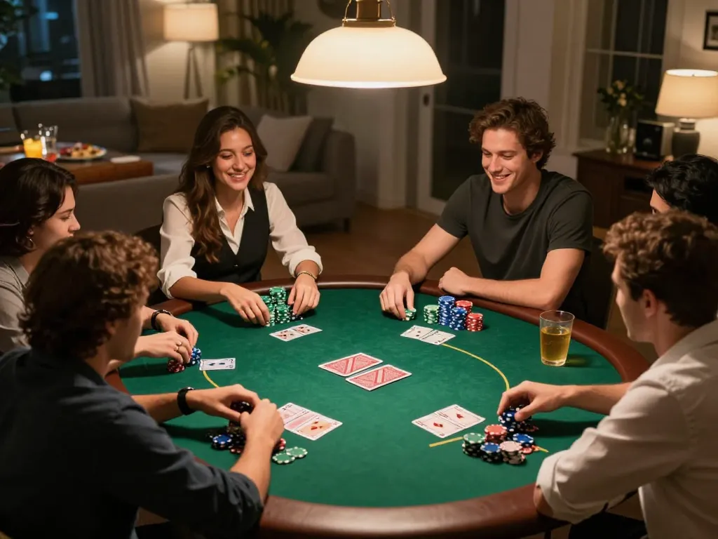 Friends play poker together in a cozy setting, experiencing nhà cái kjc excitement in a social game night atmosphere.