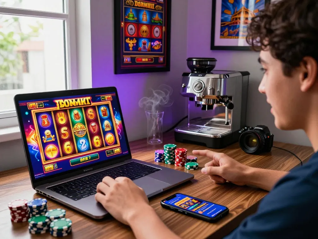 situs slot gacor suasana permainan yang menampilkan pemain antusias yang terlibat dengan permainan slot online yang berwarna-warni.