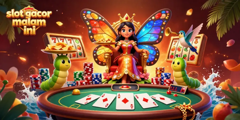 Experience the thrill of slot gacor malam ini with a vibrant 3D casino scene featuring a cartoon butterfly queen and slot elements.