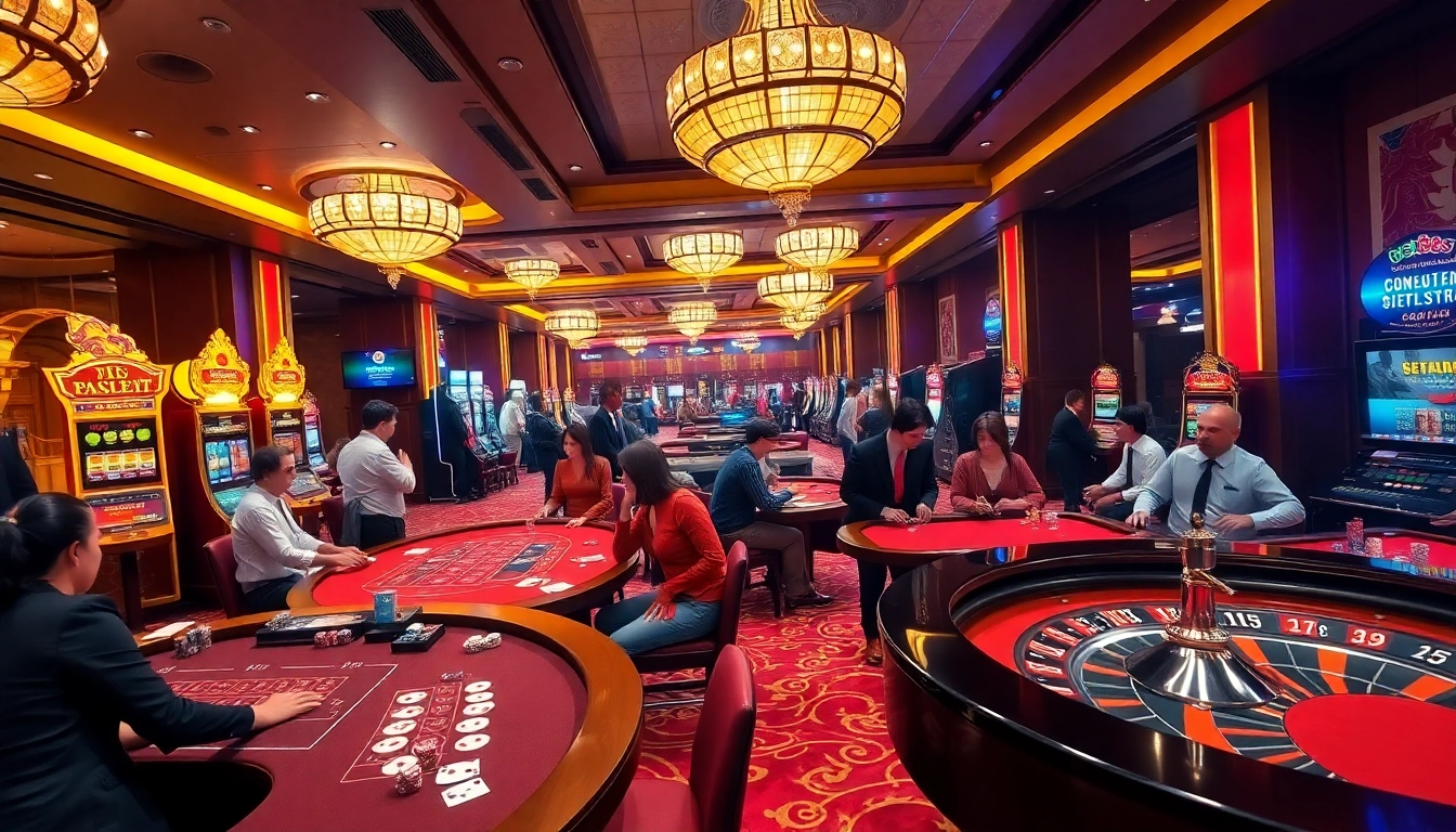 Exciting gambling atmosphere at bet88 .com casino features vibrant tables, slot machines, and gamers.