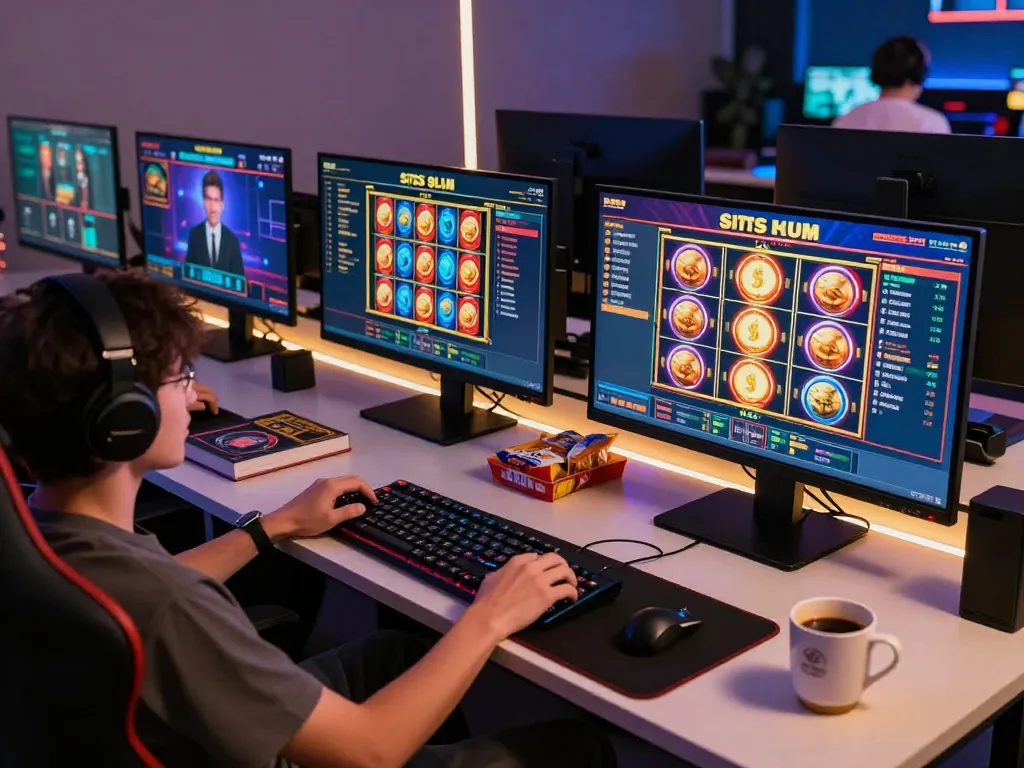Situs slot reels spinning on a modern gaming setup, showcasing interactive online play.