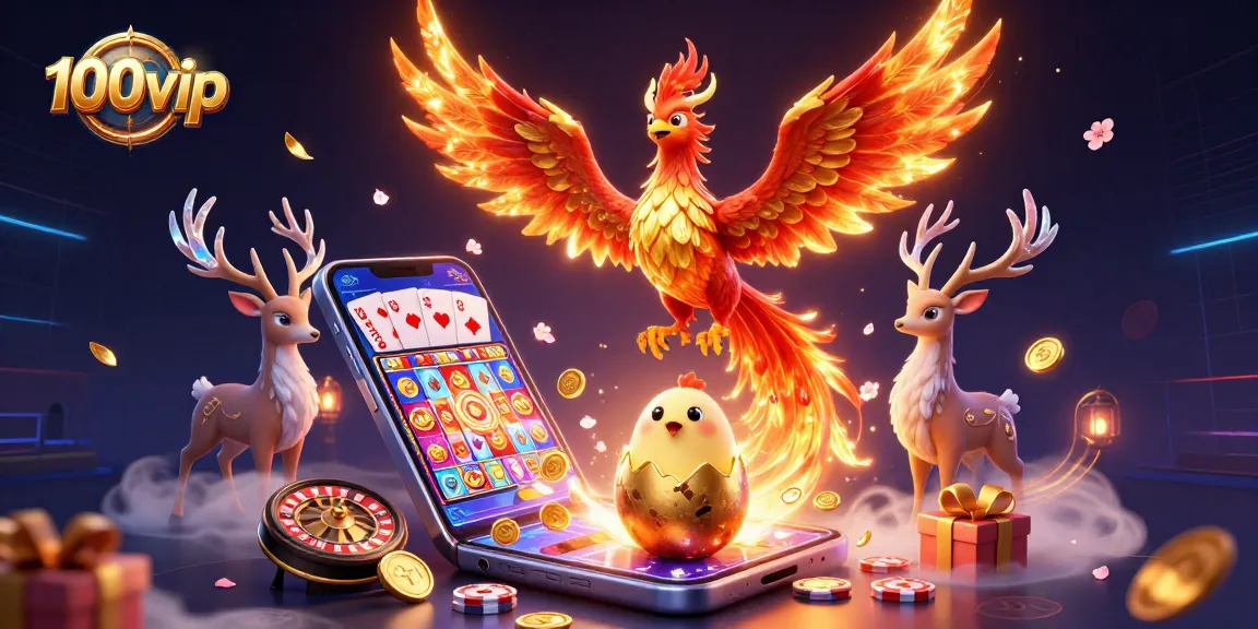 Engage with 100vip as a fire phoenix soars and a baby chick hatches, surrounded by dynamic gaming elements.