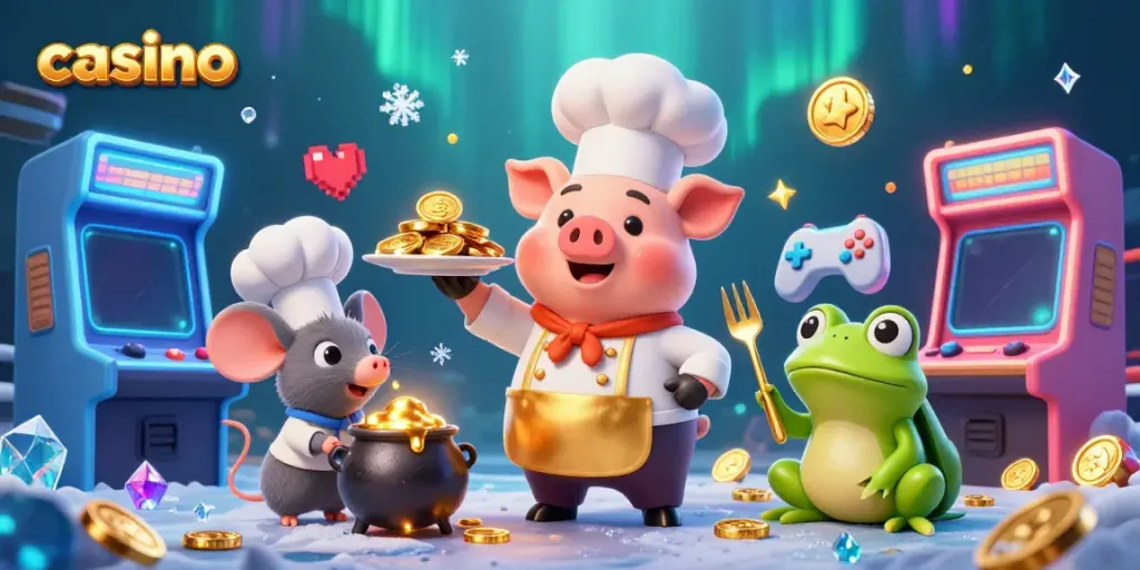 Engaging casino scene with a chef pig, a tasting mouse, and a food critic frog amidst gold coins and arcade machines.