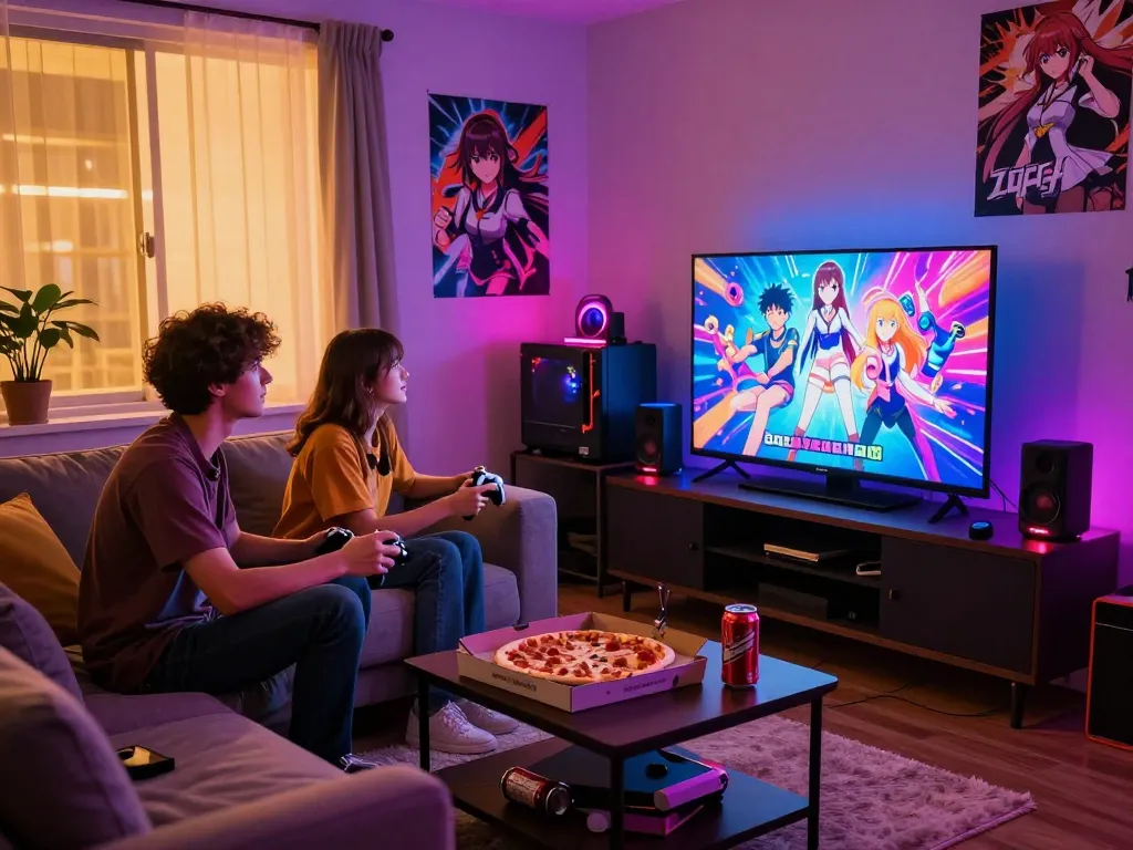 Young adults enjoying engaging porngames on a large screen in a cozy gaming room.