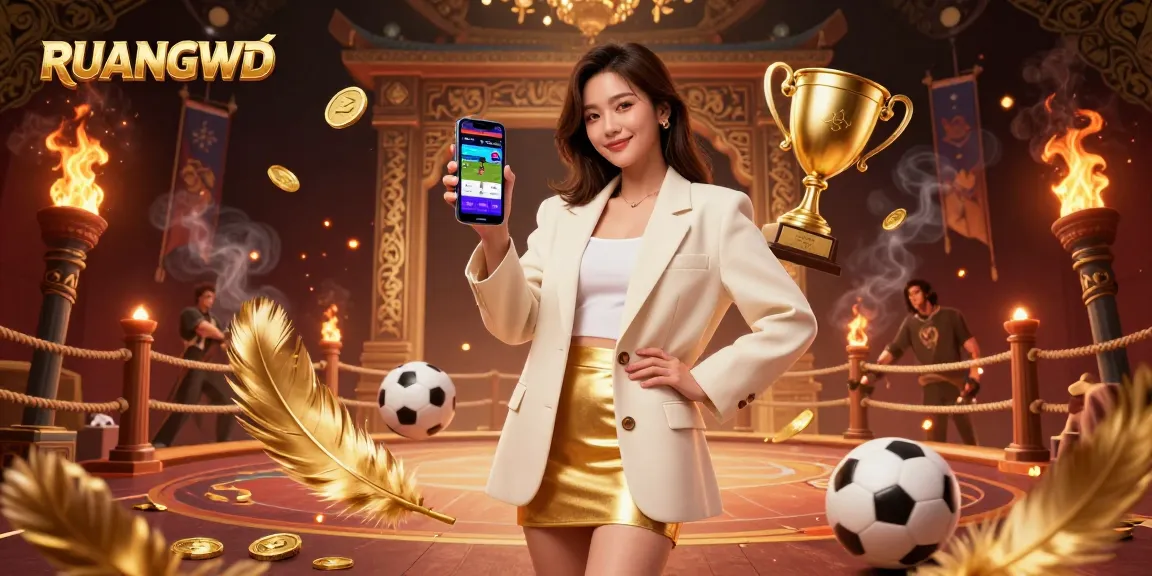 Engage in sports betting excitement with RUANGWD, featuring a dynamic 3D casino scene.