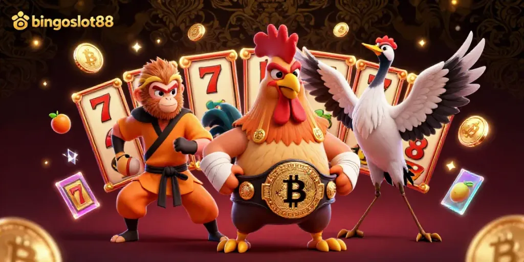 Rasakan keseruan bingoslot88 dengan ilustrasi 3D menampilkan karakter ayam Muay Thai dan simbol slot yang mengelilingi aksi permainan.
