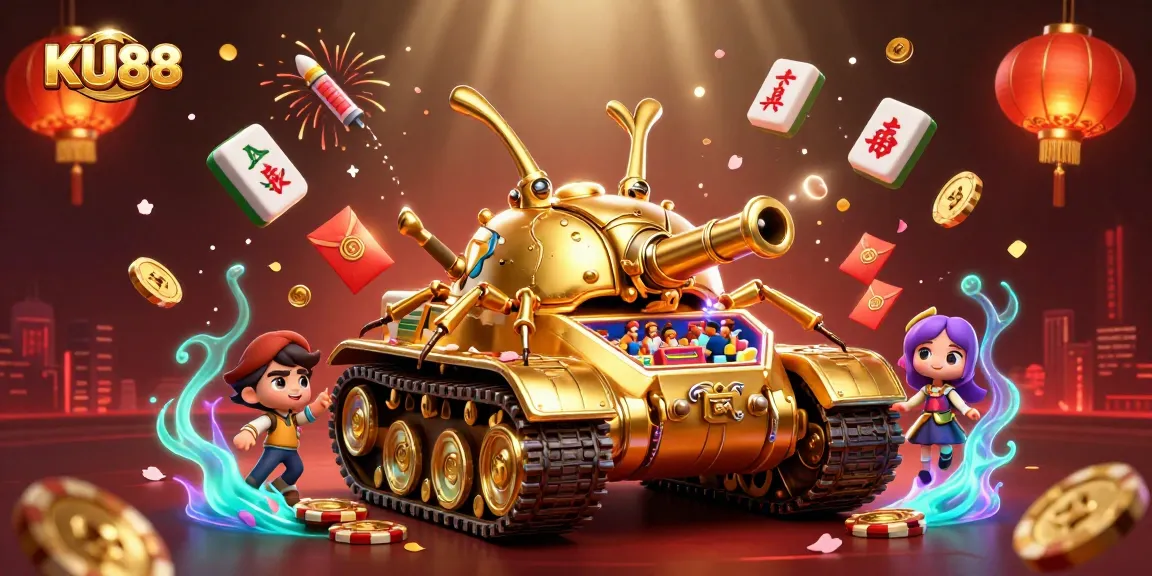 Engage with the dynamic KU88 casino scene featuring a golden beetle tank and vibrant gaming elements.