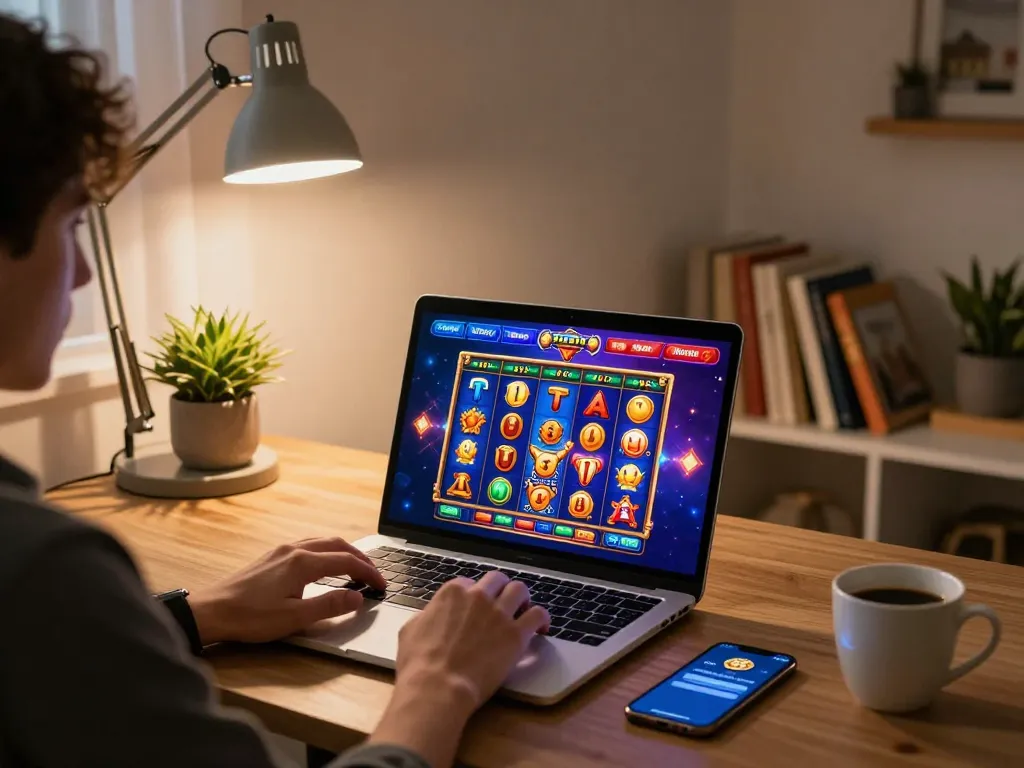 Playing Demo Slot Pragmatic on laptop at home game setup, showcasing vibrant graphics and personal touch.