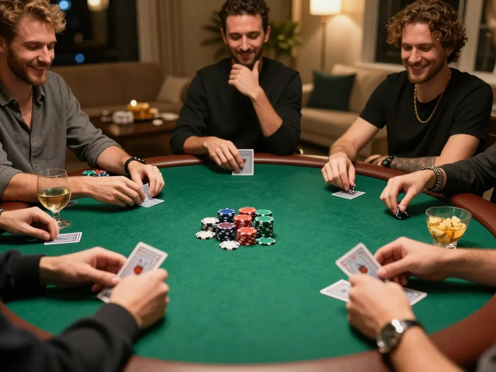 Engaging home poker night scene emphasizing the thrill of situs gacor gameplay among friends