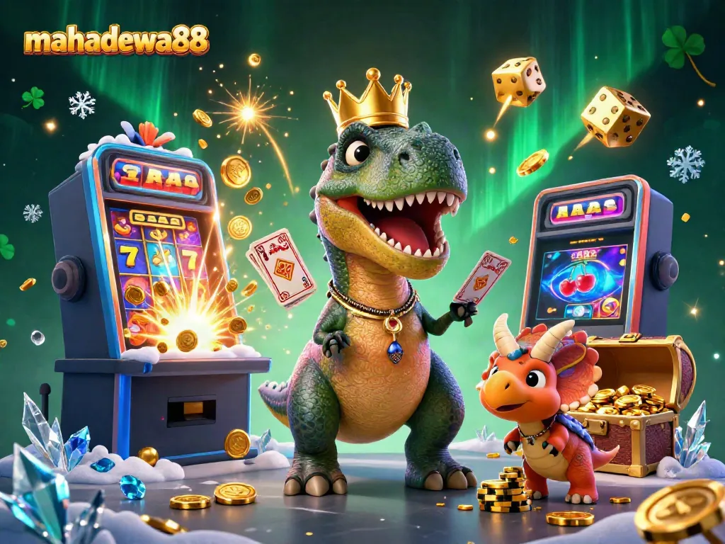 Experience thrilling slot action with mahadewa88 featuring a friendly T-Rex and a pterodactyl assistant amidst a wealth of casino treasures.