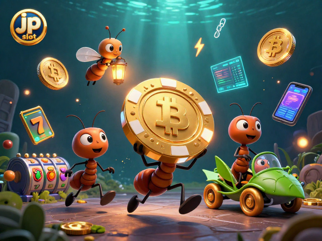 Engaging scene of ants executing a heist with a jp slot theme, surrounded by vibrant casino elements.